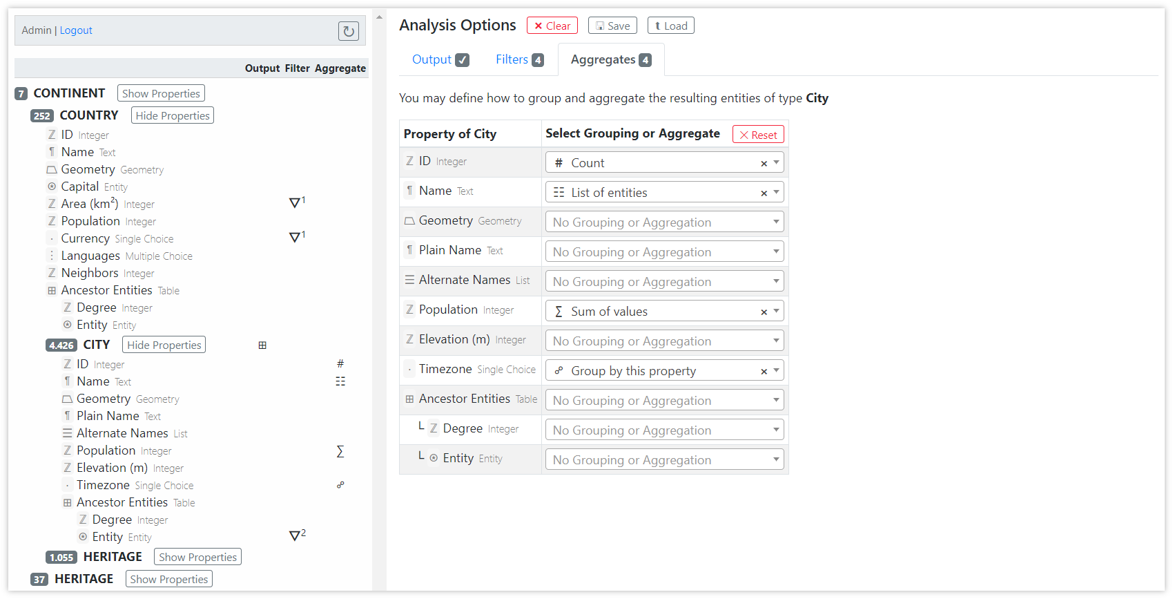 Analysis Options Pane - Aggregates Tab