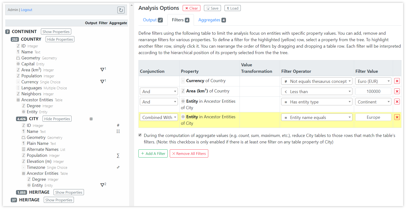 Analysis Options Pane - Filters Tab
