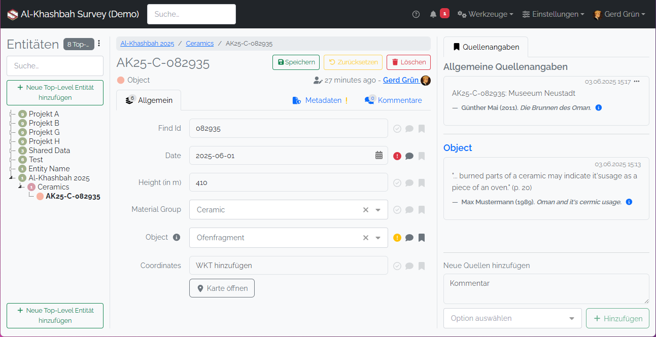Image of the entity overview showing the icons representing the Comments, Bibliography or Certainty